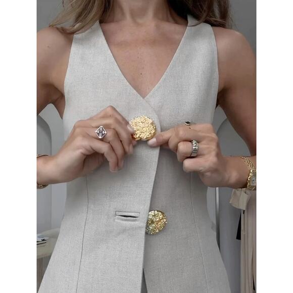 Commense Elegant Old Money Minimalist Gold Button Vest Pants Set Gray L - Picture 9 of 10